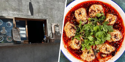 Wang Tulum's window and a bowl of dumplings in red chili oil.